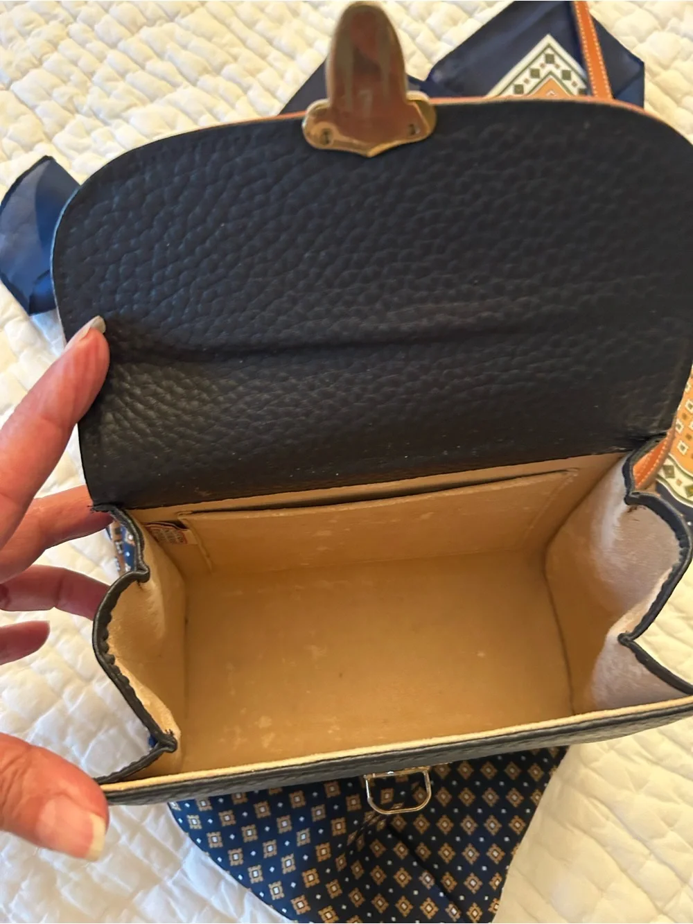 Structured Navy Dooney&Bourke Crossbody Bag with Tan Trim and Gold Accent